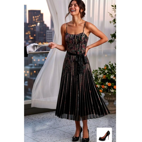JS Collections Dresses & Skirts - EUC JS Collections Floral Pleated Belt Midi Dress Spaghetti Strap Satin Size 10